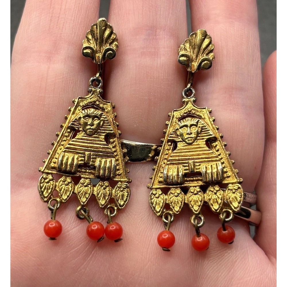 Vintage Egyptian Revival Pharaoh Sphinx Chandelier Earrings Red Beads Gold Tone